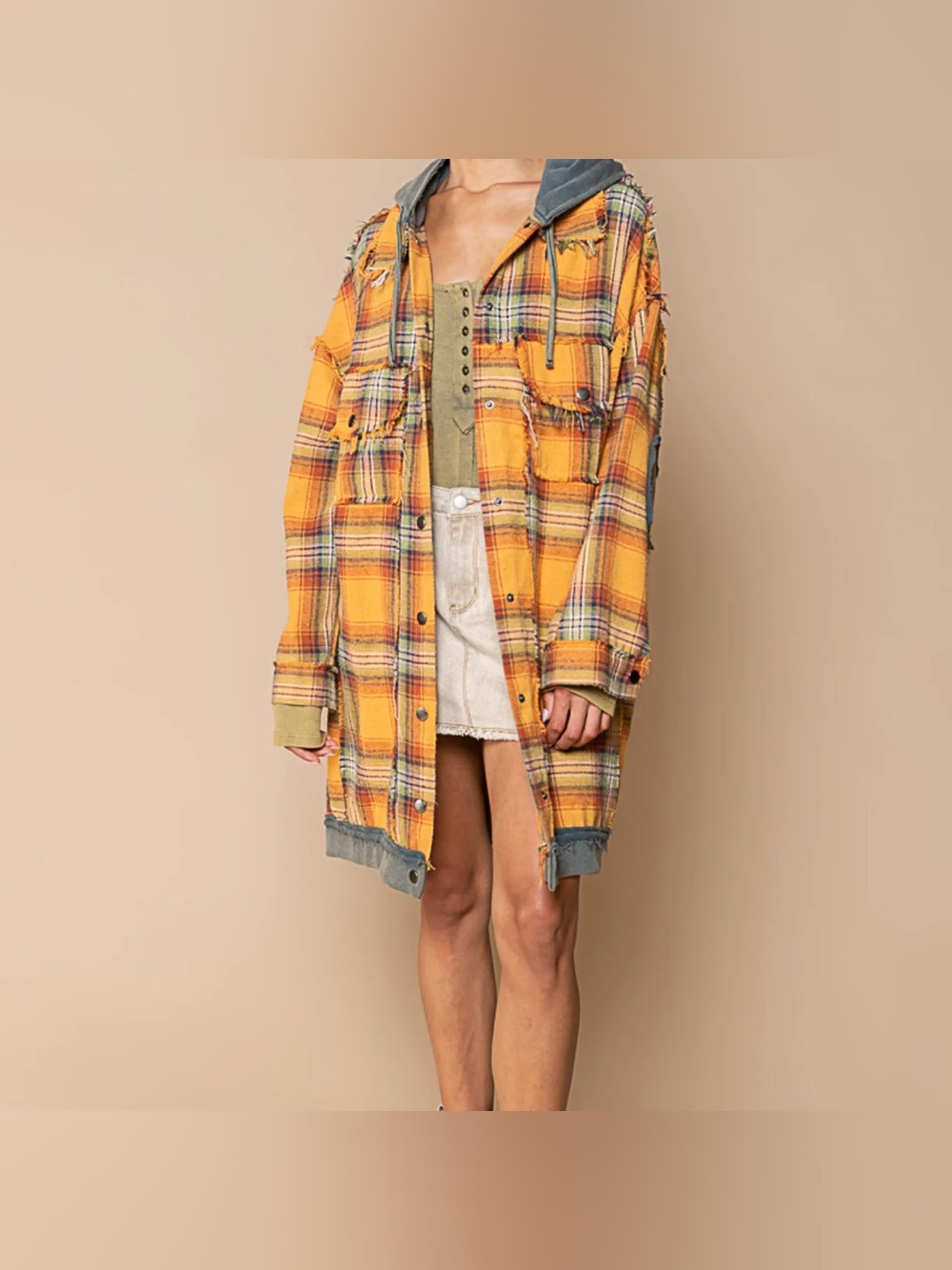 POL Yellow Plaid Flannel Hooded Utility Shacket Shirt M L XL - Picture 2 of 8